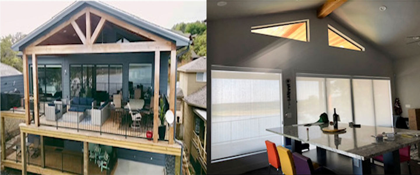 The exterior and interior of a home in Houston, Texas, with solar roller shades installed.