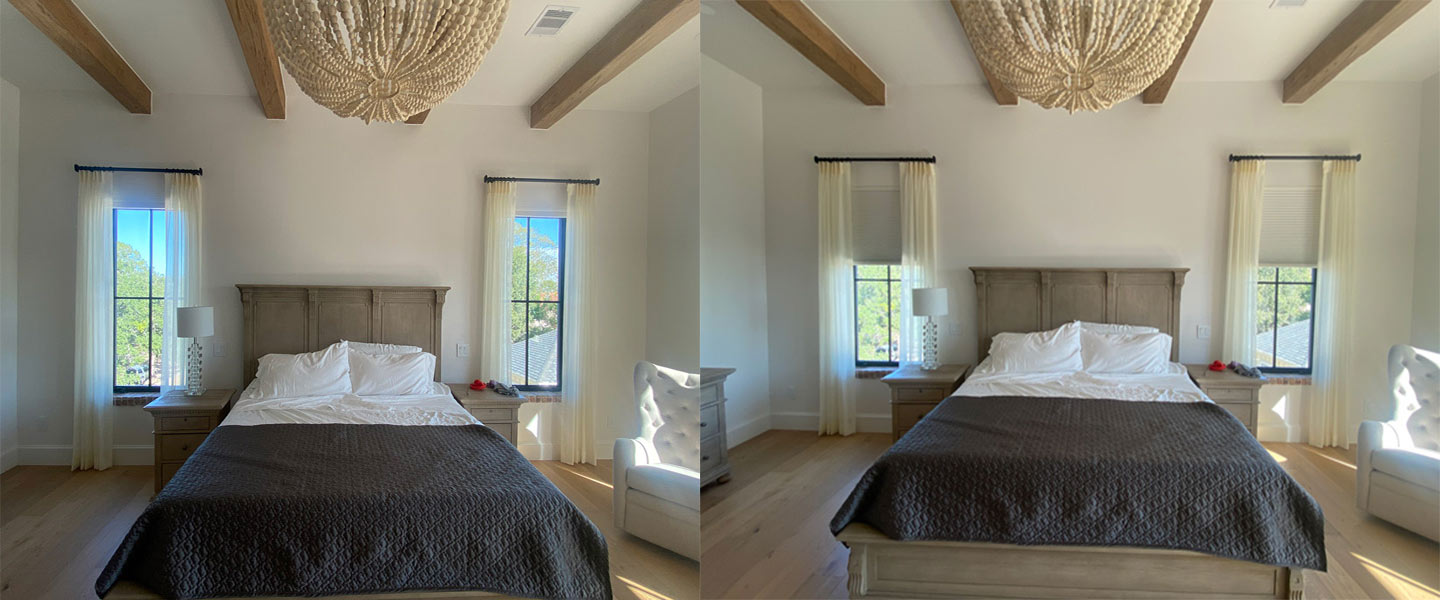Before and after installing custom sheer panels for a Houston, Texas home.